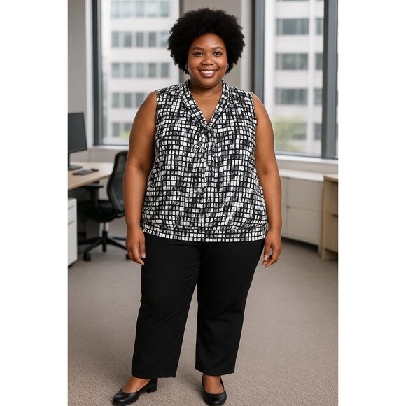 Dots Plus Size 2X Top Black White Patterned Tie Neck Sleeveless Banded Hem - Picture 10 of 10